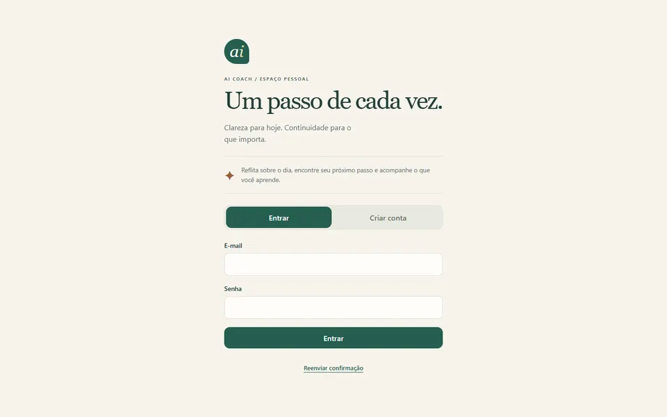 Tela de entrada do AI Coach com a mensagem Um passo de cada vez