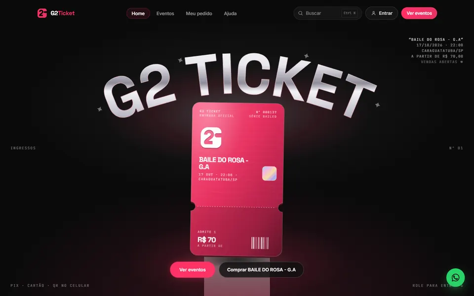 Página inicial da G2 Ticket com ingresso rosa em destaque